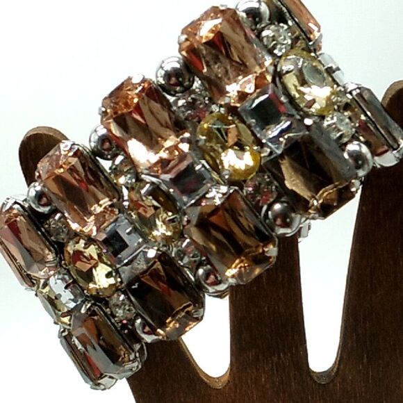 Crystal Rhinestone Stretch Bracelet Wide Amber Bronze Silver - Picture 2 of 10